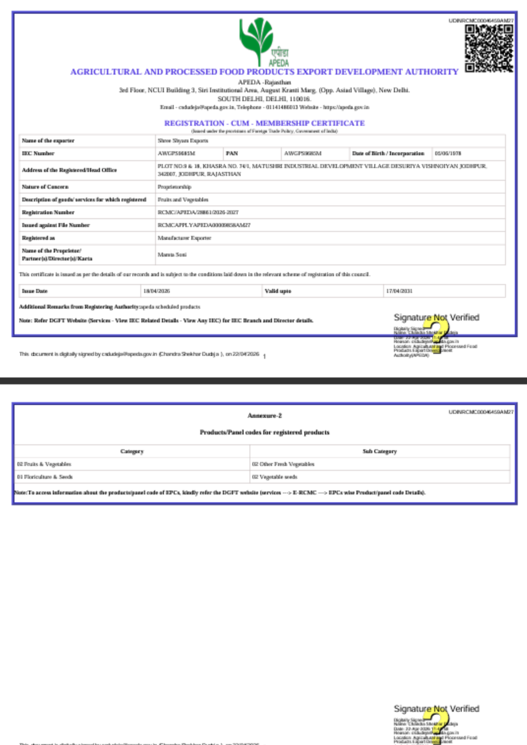 APEDA Certificate