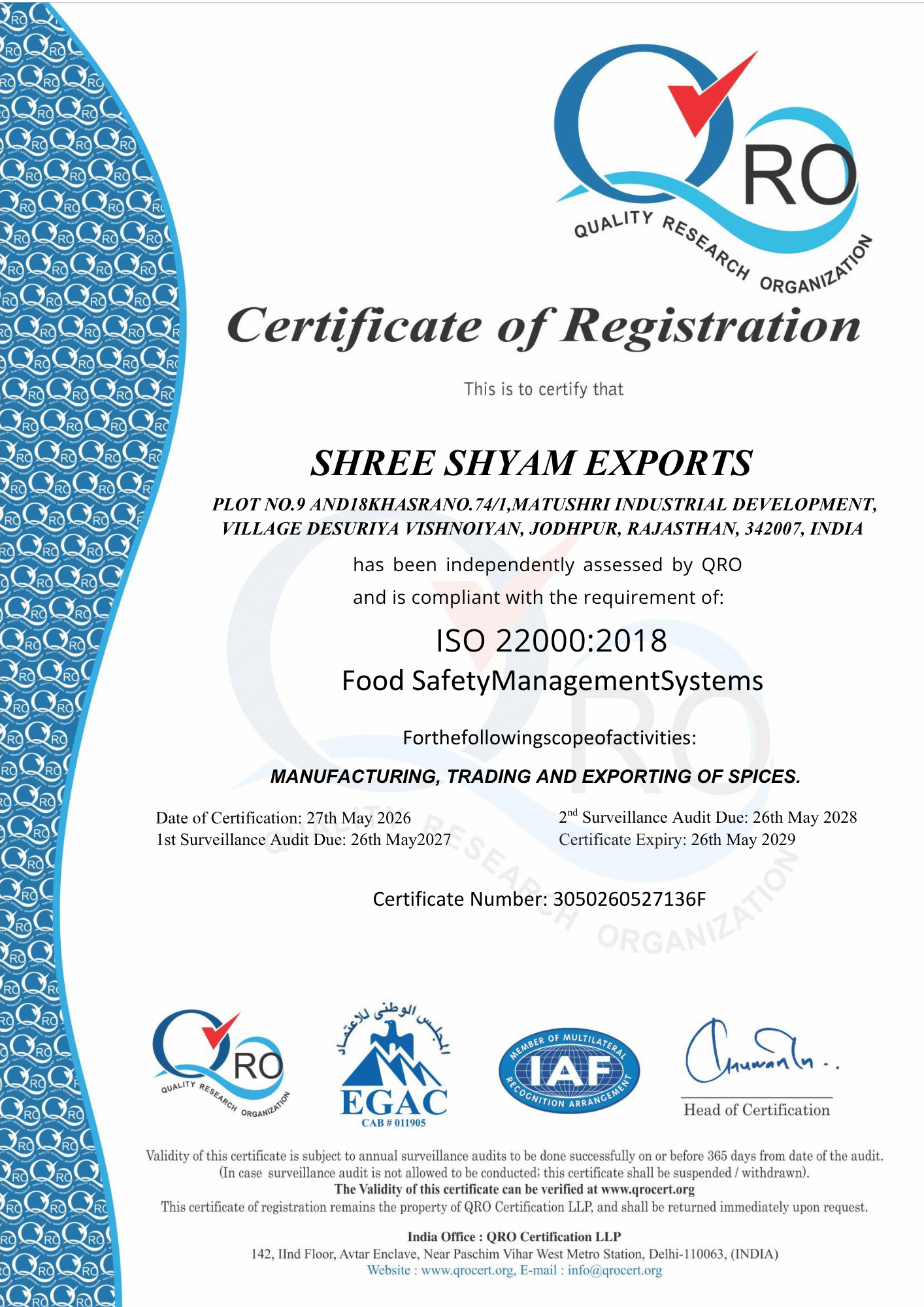 ISO 22000:2018 Certificate
